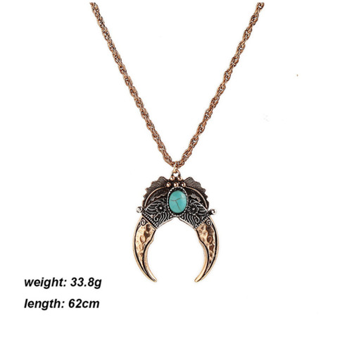 N-6231 Bohemian Style Gold Silver Chain Natural Turquoise Beads Carved Flower Pendant Necklace Women Jewelry