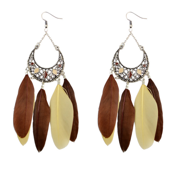 E-3784 Fashion bohemian style crescent pendant feather tassel dangle earrings jewelry