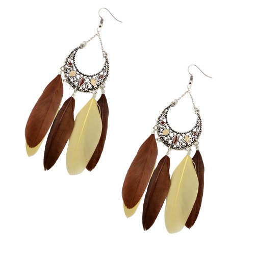 E-3784 Fashion bohemian style crescent pendant feather tassel dangle earrings jewelry