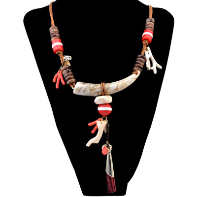 N-6253  3 Colors Ethnic Style Leather Chain Ivory Fashion Necklaces & Pendants Leaf Antlers Resin Beads Necklace Women Jewelry