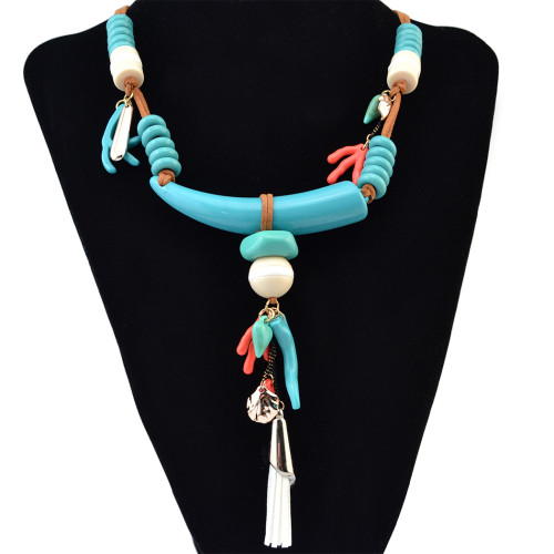 N-6253  3 Colors Ethnic Style Leather Chain Ivory Fashion Necklaces & Pendants Leaf Antlers Resin Beads Necklace Women Jewelry