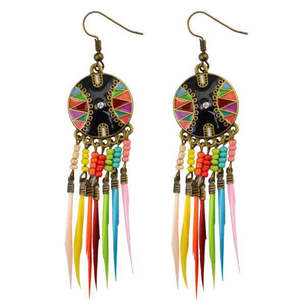 E-3786 New Fashion European Muti Resin Beads Small Round  Feather Tassel Long Dangle Earrings for Women Jewelry