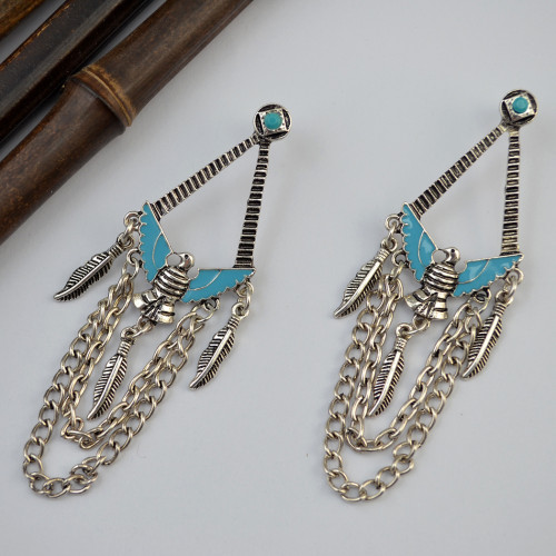 E-3782 Bohemian Style tibetan silver plated pigeon pendant leaf tassel dangle earrings jewelry