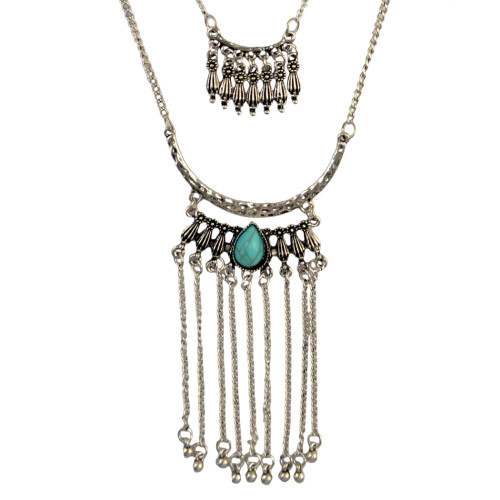 N-6252  Bohemian 3 Multilayers Gold Silver Plated Long Tessel Chain Pendant Natural Turquoise Beads Necklace