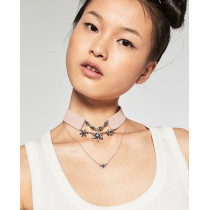 N-6235 Korea Fashion Black Pink Leather Chain Choker Necklace Flower Crystal 2 Chains Necklace Jewelry