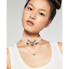 N-6235 Korea Fashion Black Pink Leather Chain Choker Necklace Flower Crystal 2 Chains Necklace Jewelry