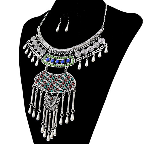 N-6257   Bohemian tibetan silver Bronze plated crystal resin beads statement pendant necklace