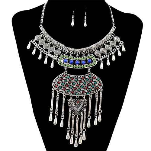 N-6257   Bohemian tibetan silver Bronze plated crystal resin beads statement pendant necklace