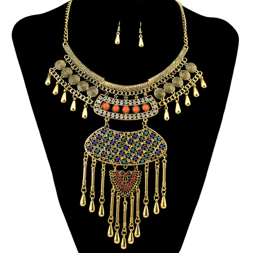 N-6257   Bohemian tibetan silver Bronze plated crystal resin beads statement pendant necklace