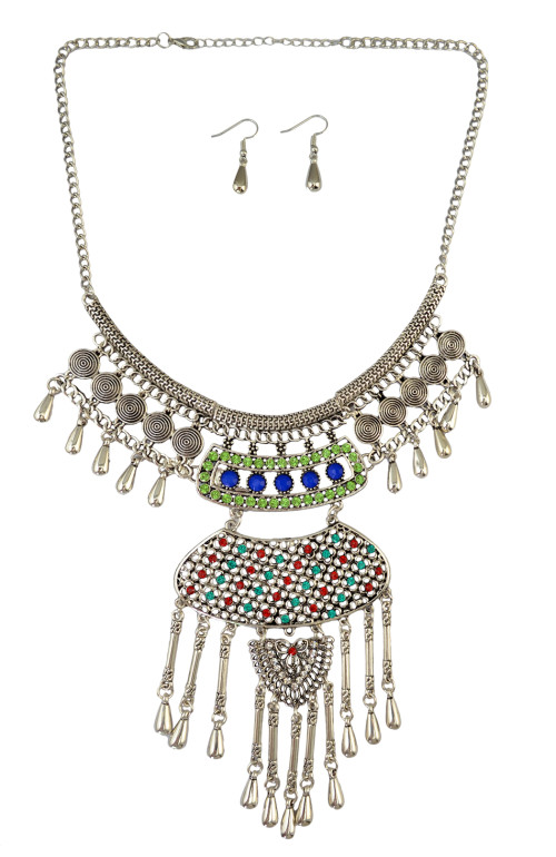 N-6257   Bohemian tibetan silver Bronze plated crystal resin beads statement pendant necklace