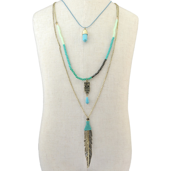 N-6261 Bohemian Vintage 3 Multilayers Long Chain Pendant Beads Owl Leaf  Natural Turquoise Necklace