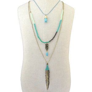 N-6261 Bohemian Vintage 3 Multilayers Long Chain Pendant Beads Owl Leaf  Natural Turquoise Necklace