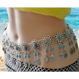 N-6267 Fashion  Style European  Gypsy Silver Plated Alloy Coin Tassel with  blue Resin Beads Belly Body Chain Waist  summer Chain Body Jewelry