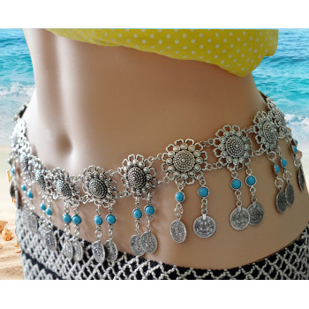 N-6267 * Fashion  Style European  Gypsy Silver Plated Alloy Coin Tassel with  blue Resin Beads Belly Body Chain Waist  summer Chain Body Jewelry