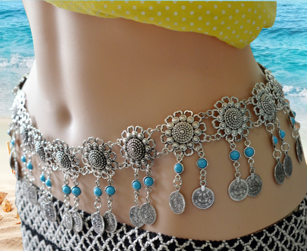 N-6267 Fashion  Style European  Gypsy Silver Plated Alloy Coin Tassel with  blue Resin Beads Belly Body Chain Waist  summer Chain Body Jewelry