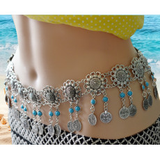 N-6267 * Fashion  Style European  Gypsy Silver Plated Alloy Coin Tassel with  blue Resin Beads Belly Body Chain Waist  summer Chain Body Jewelry