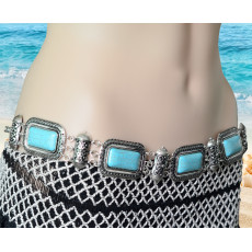 N-6266 Bohemian  Summer Beach Carved Flower Tribal Gypsy Silver Plated Alloy Coin Tassel Waist Chain Beads Natural Turquoise Belly Body Chain
