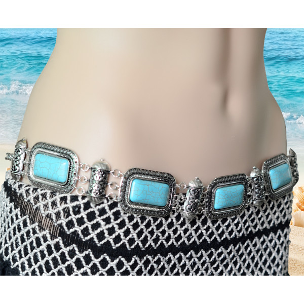 N-6266 Bohemian  Summer Beach Carved Flower Tribal Gypsy Silver Plated Alloy Coin Tassel Waist Chain Beads Natural Turquoise Belly Body Chain
