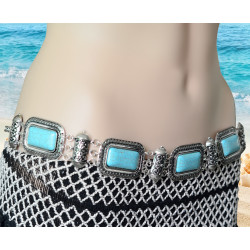 N-6266 * Bohemian  Summer Beach Carved Flower Tribal Gypsy Silver Plated Alloy Coin Tassel Waist Chain Beads Natural Turquoise Belly Body Chain