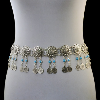 N-6267 Fashion  Style European  Gypsy Silver Plated Alloy Coin Tassel with  blue Resin Beads Belly Body Chain Waist  summer Chain Body Jewelry