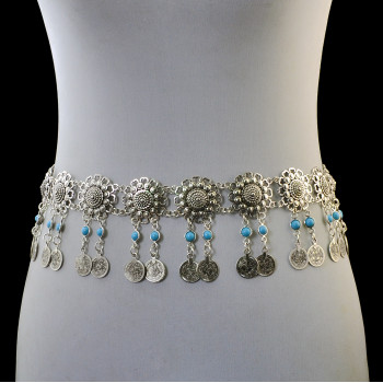 N-6267 * Fashion  Style European  Gypsy Silver Plated Alloy Coin Tassel with  blue Resin Beads Belly Body Chain Waist  summer Chain Body Jewelry