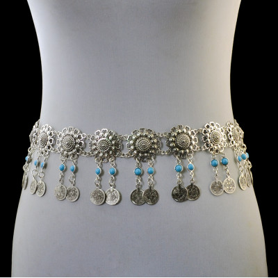 N-6267 * Fashion  Style European  Gypsy Silver Plated Alloy Coin Tassel with  blue Resin Beads Belly Body Chain Waist  summer Chain Body Jewelry