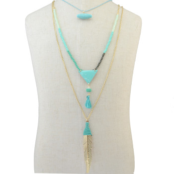 N-6270 Bohemian Multilayers Long Chain Triangle Pendant Resin Beads Leaf Natural Turquoise Necklace for Women