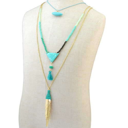 N-6270 Bohemian Multilayers Long Chain Triangle Pendant Resin Beads Leaf Natural Turquoise Necklace for Women
