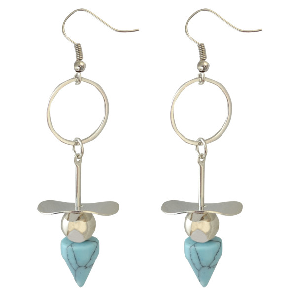 E-3792 Bohemian Tibetan Silver Plated Turquoise Conical Pendant Tassel Drop Dangle Fish Hook Beaded Earring
