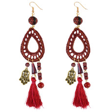E-3793  Bohemian Style Weave Rope Hook Earring Resin Beads Hand Shape Tassel Long Earrings For Women Jewelry