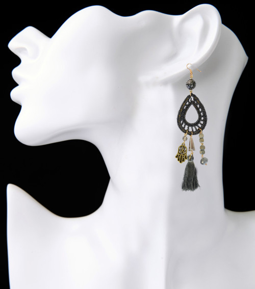 E-3793  Bohemian Style Weave Rope Hook Earring Resin Beads Hand Shape Tassel Long Earrings For Women Jewelry