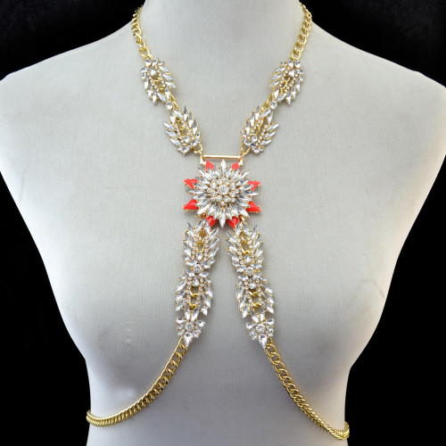 N-6278   European Tribal Summer Beach Fashion Gold Chain Charm Sexy Body Chain Resin Flower Crystal Rhinestone Necklace Women Jewelry
