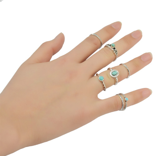 R-1364   7pcs/set New Fashion European  Style Silver Plated Design GreenTurquoise Bead and Synthetic White Crystal Nail Midi Finger Rings for Girl&Lady Jewelry