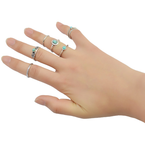 R-1364   7pcs/set New Fashion European  Style Silver Plated Design GreenTurquoise Bead and Synthetic White Crystal Nail Midi Finger Rings for Girl&Lady Jewelry