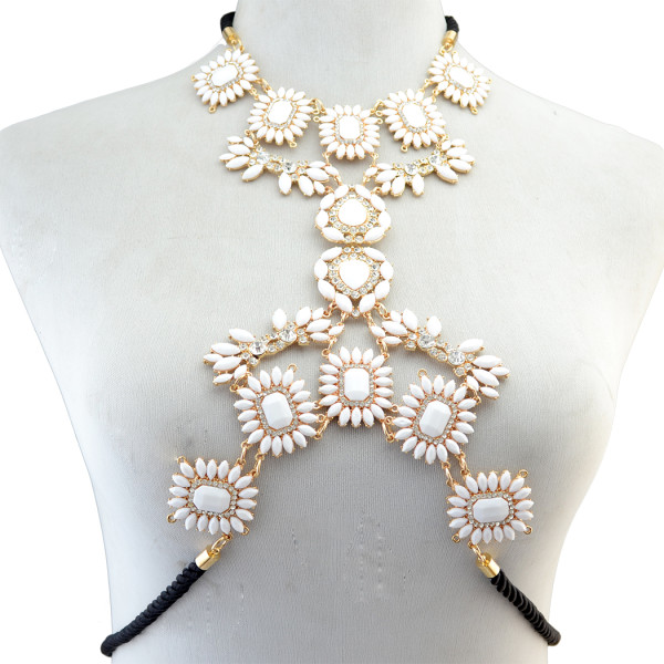 N-6279   Vintage Fashion Summer Beach Leather Chain Charm Sexy Body Chain Resin Flower Crystal Rhinestone Necklace Women Jewelry