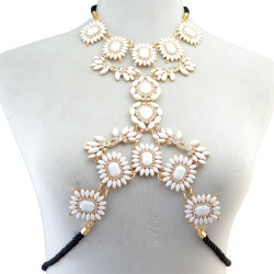 N-6279   Vintage Fashion Summer Beach Leather Chain Charm Sexy Body Chain Resin Flower Crystal Rhinestone Necklace Women Jewelry