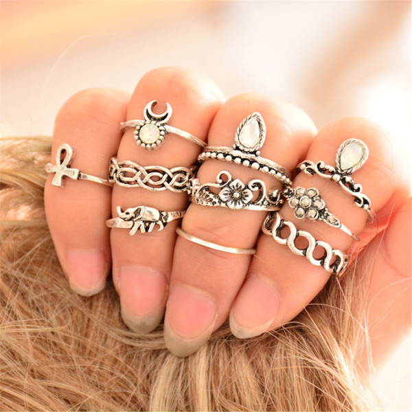 R-1361   10Pcs/set Fashion Vintage Rhinestone hollow out Knuckle Nail Midi Ring Set  jewelry