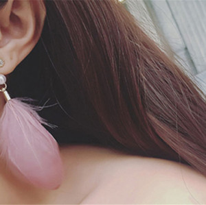 E-3809 Bohemian Style Pearl Crystal Long Feather Drop Pendant Tassel Dangle Earrings for Women Jewelry