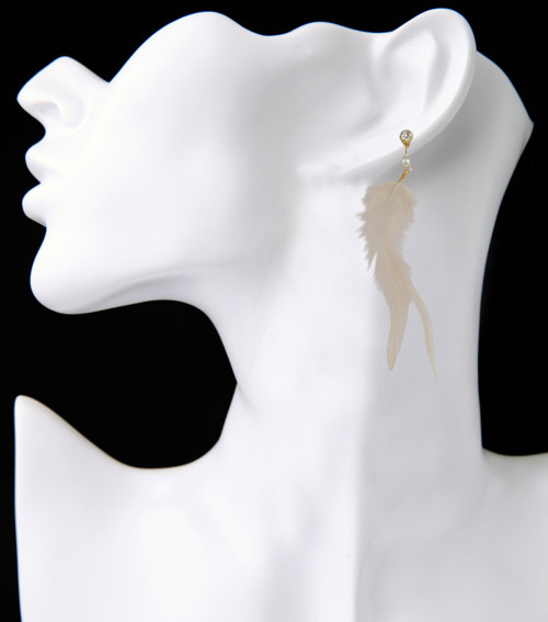 E-3809 Bohemian Style Pearl Crystal Long Feather Drop Pendant Tassel Dangle Earrings for Women Jewelry