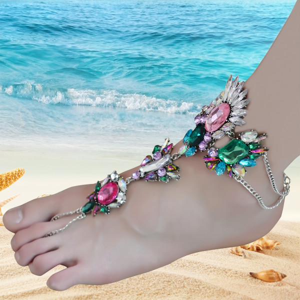 B-0744   Bohemian Gypsy  Charm Crystal Rhinestone Flower Beads  Beachy Anklet for Women Jewelry