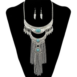 N-6291 Bohemian Retro Silver Gold Chain Turquoise Bead Tassel Leaves Pendant Necklace Earring Jewelry Set for Women