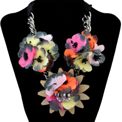 N-6297 Bohemian Fashion Black Rope Chain Leather Cloth Flower Resin Beads Crystal Rhinestone Statement Necklace Women Jewelry
