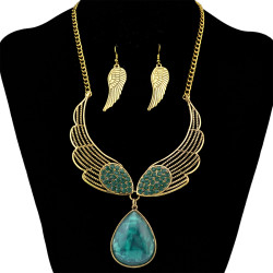 N-6298 Fashion Silver Gold Short Chain Turquoise Bead Statement Choker Necklace and leaf Earring Set for Women Jewelry