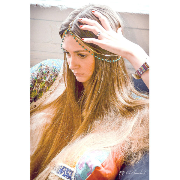 F-0333 European Fashion style gold plated head chain cool blue pearls shape chain  headband hair jewelry for women