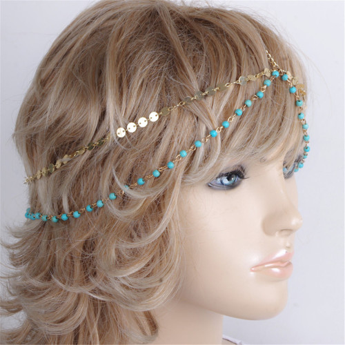 F-0333 European Fashion style gold plated head chain cool blue pearls shape chain  headband hair jewelry for women