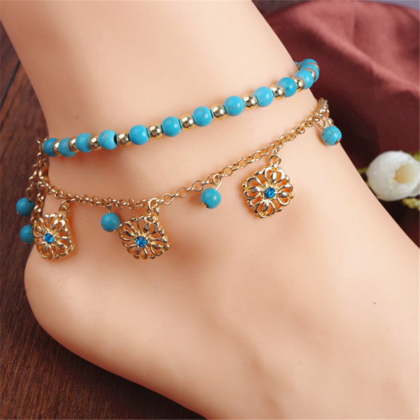 B-0756 2pcs Set Bohemian Fashion Gold Plated Anklet turquoise beads Crystal Anklet Bracelet Jewelry for Women