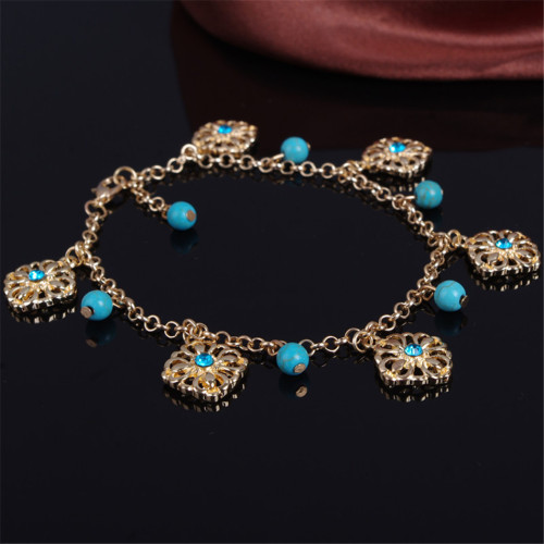 B-0756 2pcs Set Bohemian Fashion Gold Plated Anklet turquoise beads Crystal Anklet Bracelet Jewelry for Women