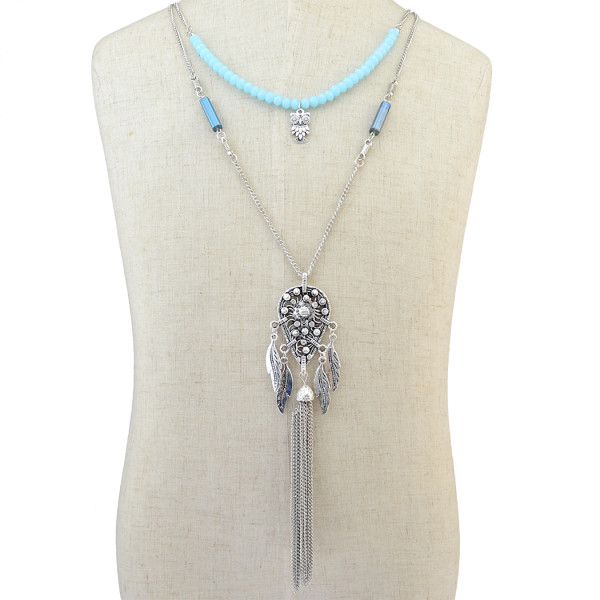 N-6299 Bohemian Multilayers Silver Chain Beaded Necklace Leaves Long Tassel Penndant Necklace