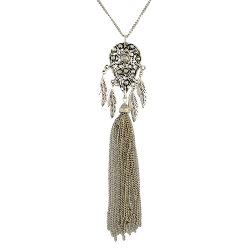 N-6299 Bohemian Multilayers Silver Chain Beaded Necklace Leaves Long Tassel Penndant Necklace