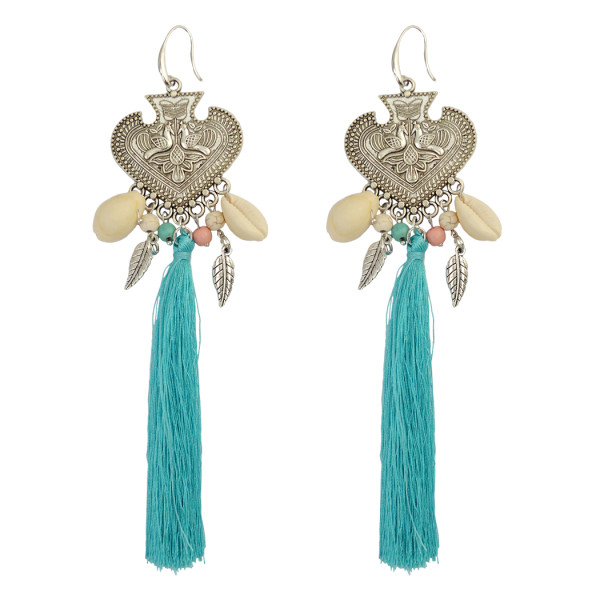 E-3824 Generous Big Long Drop Earrings Beaded Silver Natural Shell Tassel Heart Carved Peacock Leaf Fish Hook Earring